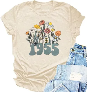 Women 70th Birthday Shirt Vintage 1955 Tshirt Seventy Bday Gift Casual Birthday Apparel Flower Graphic Short Sleeves Tee
