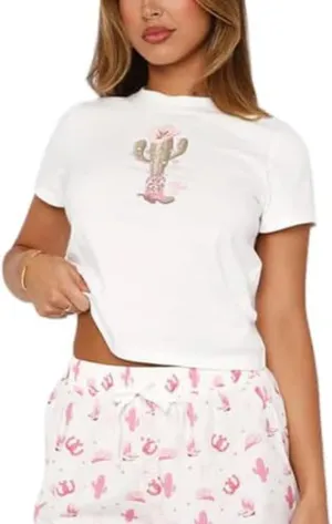 Women Baby Tees Y2K Graphic Print Crop Top Cute Vintage Short Sleeve T-Shirt 90s Slim Fit Cropped Tee Streetwear