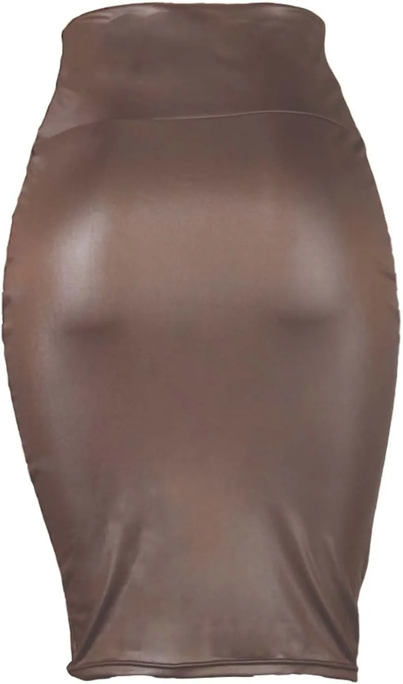 Women Bodycon Pencil Midi Skirts Elastic High Waisted Stretchy Leather Work Skirt Slim Fit Business Office Dress