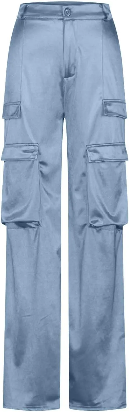 Women Cargo Pants High Waisted Joggers Soft Casual Baggy Sweatpants Wide Leg Straight Slacks Solid Trendy Trousers