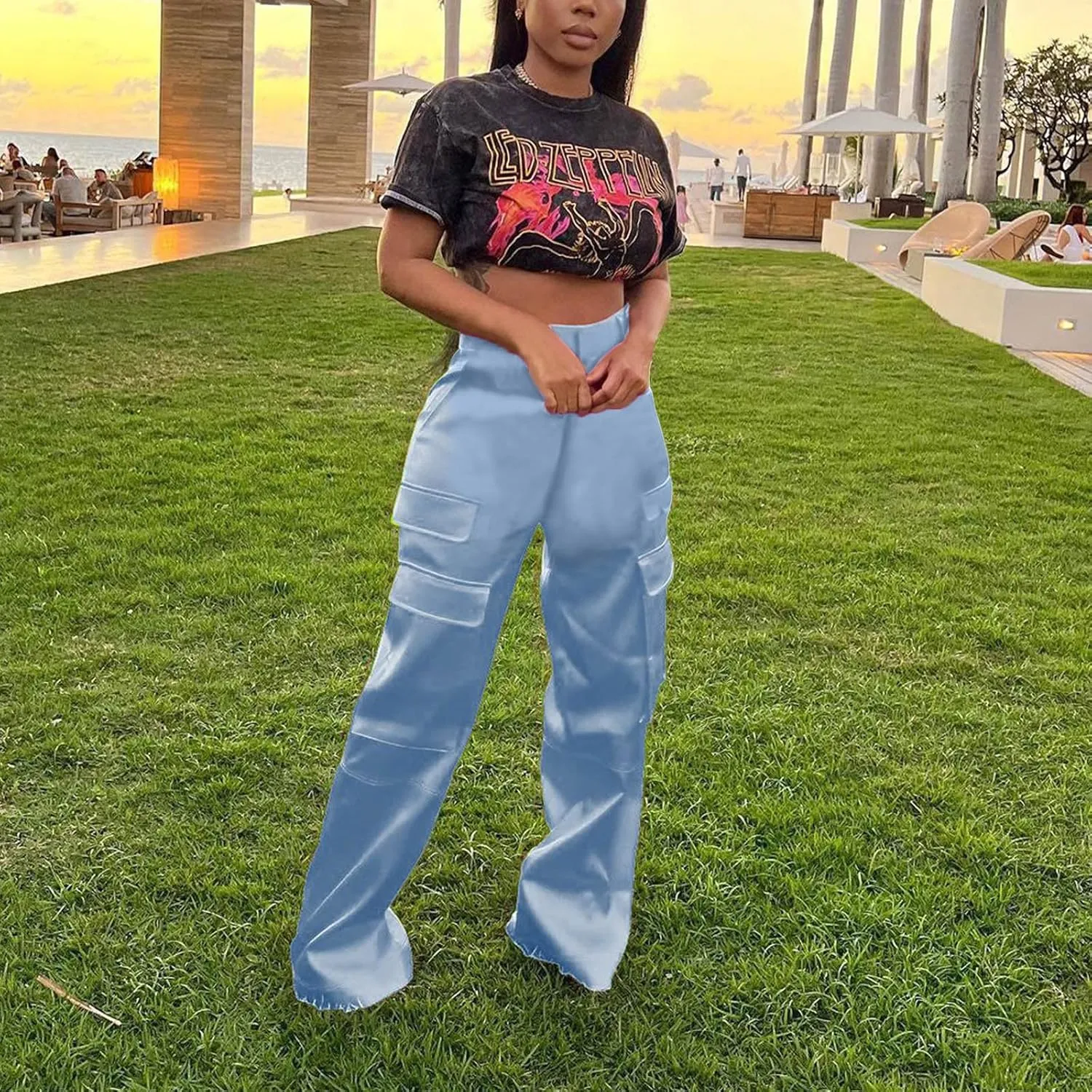 Women Cargo Pants High Waisted Joggers Soft Casual Baggy Sweatpants Wide Leg Straight Slacks Solid Trendy Trousers