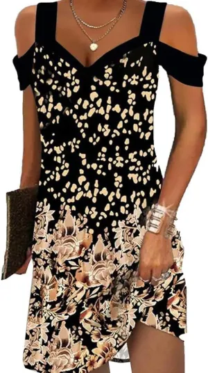 Women Cold Shoulder Dress 2025 Summer Casual Trendy Boho Floral V Neck Vintage Dresses for Beach Vacation