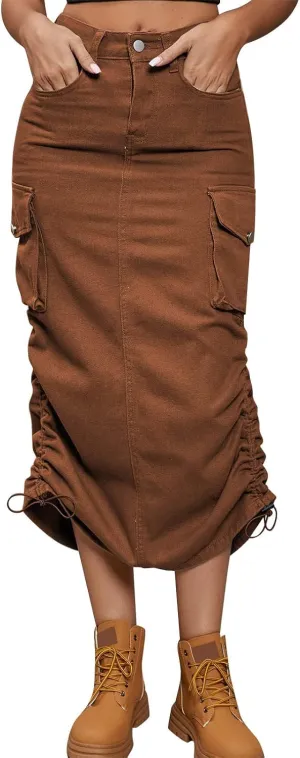 Women Drawing Rope Casual Fashion Half Body Denim Skirt Pleated Midi Skirt Crib Skirt Girl (Brown-b, XXL)