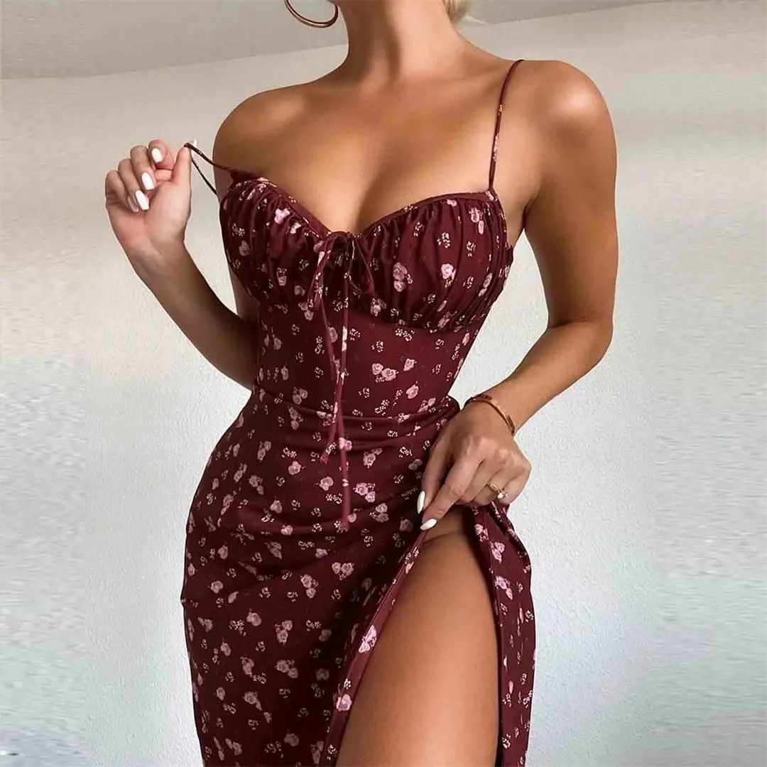 Women Elegant Flower Print Spaghetti Straps for Camisole Deep V Neck Suspender Dress
