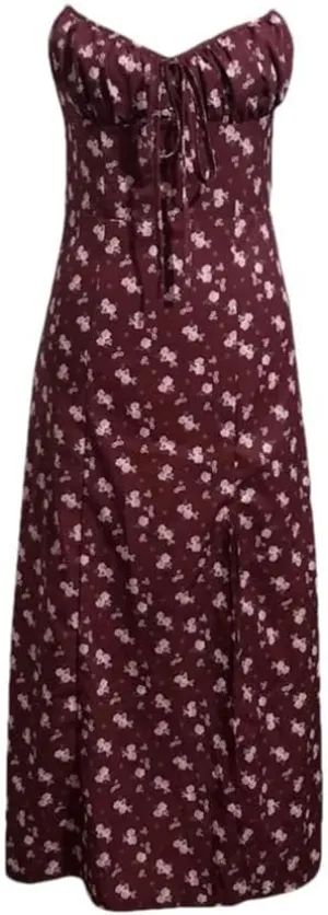 Women Elegant Flower Print Spaghetti Straps for Camisole Deep V Neck Suspender Dress