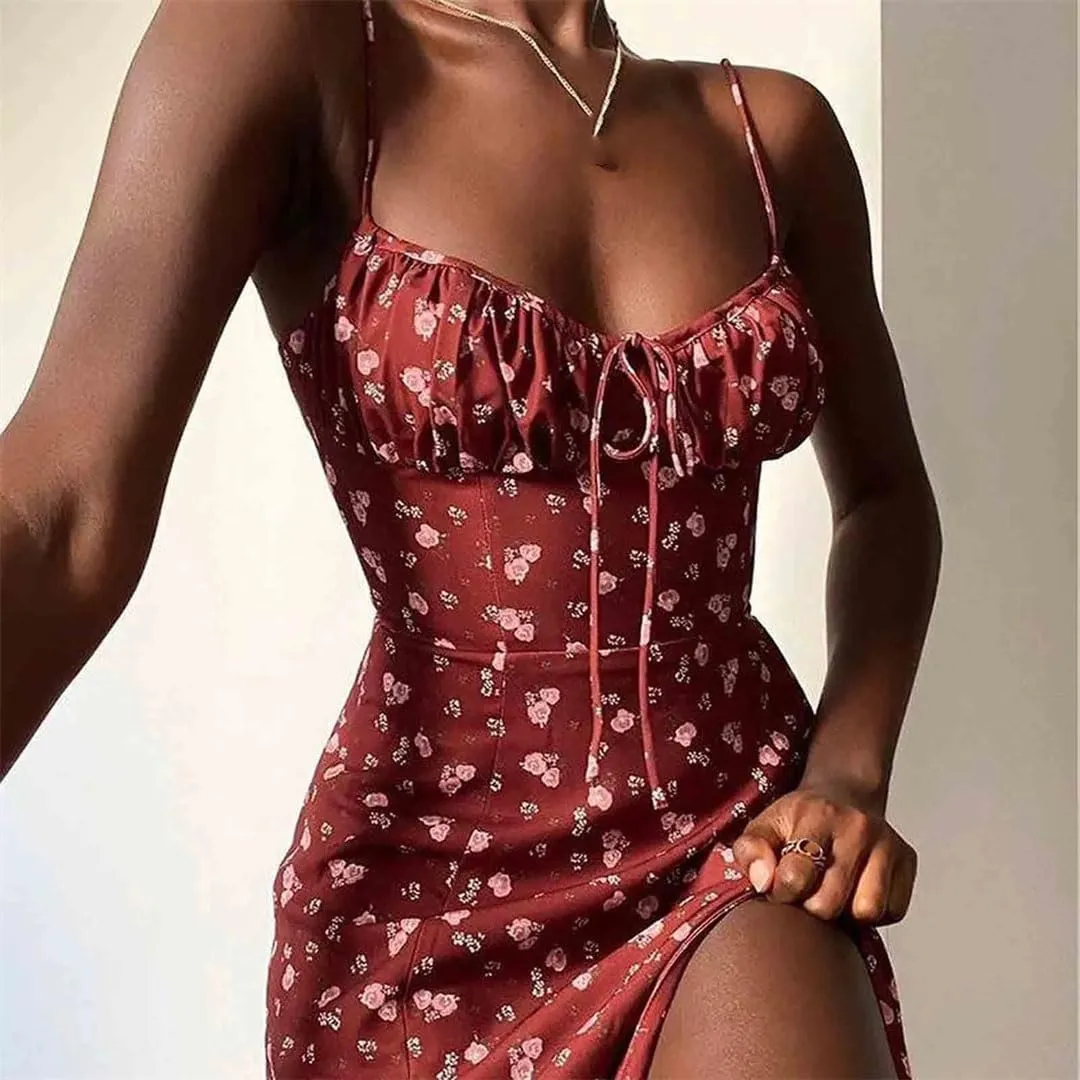 Women Elegant Flower Print Spaghetti Straps for Camisole Deep V Neck Suspender Dress
