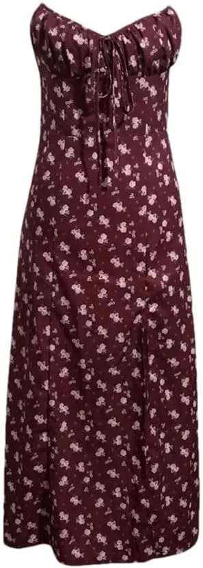 Women Elegant Flower Print Spaghetti Straps for Camisole Deep V Neck Suspender Dress