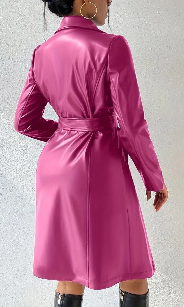 Women Faux Leather Trench Coat Lapel Open Front Long Sleeve Motorcycle Biker Pu Blazer Jacket Overcoat with Belt