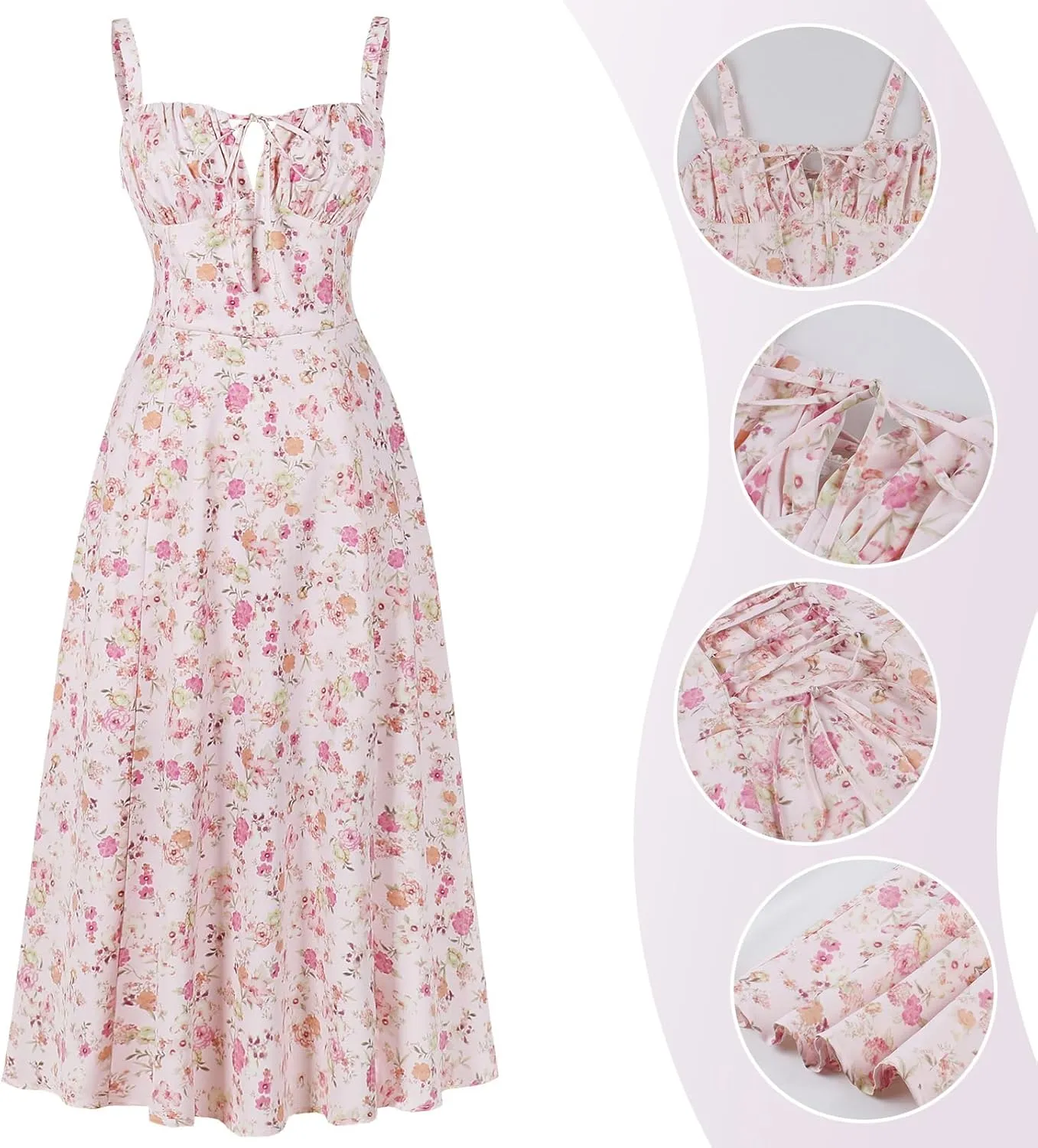 Women Floral Corset Dress, Boho Summer Spaghetti Straps Square Neck Casual Midi Dress Flowy Slit Bustier Dresses