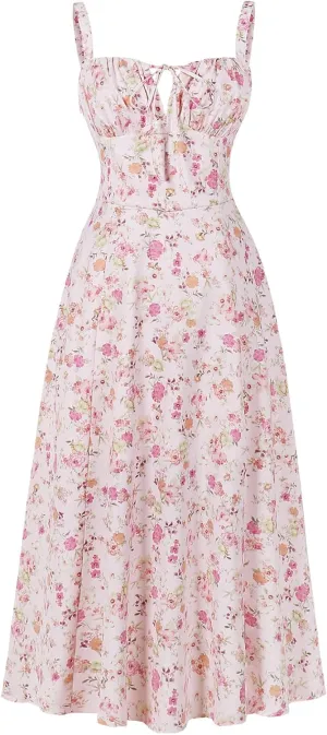 Women Floral Corset Dress, Boho Summer Spaghetti Straps Square Neck Casual Midi Dress Flowy Slit Bustier Dresses
