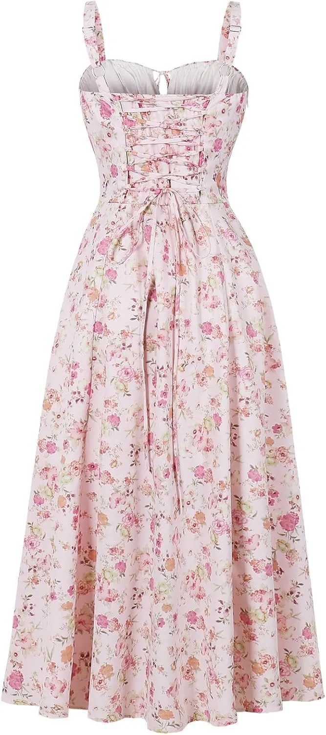 Women Floral Corset Dress, Boho Summer Spaghetti Straps Square Neck Casual Midi Dress Flowy Slit Bustier Dresses