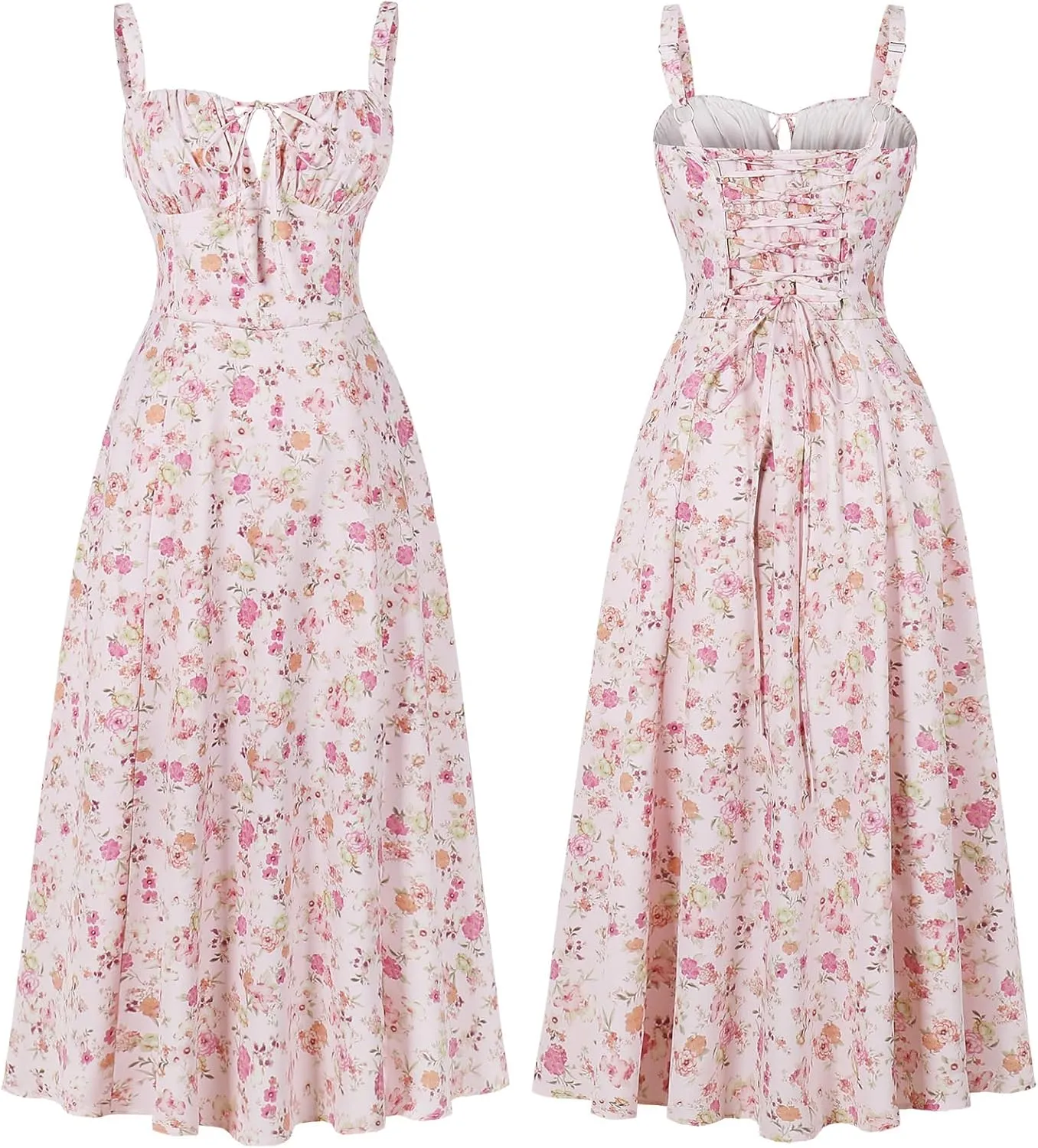 Women Floral Corset Dress, Boho Summer Spaghetti Straps Square Neck Casual Midi Dress Flowy Slit Bustier Dresses