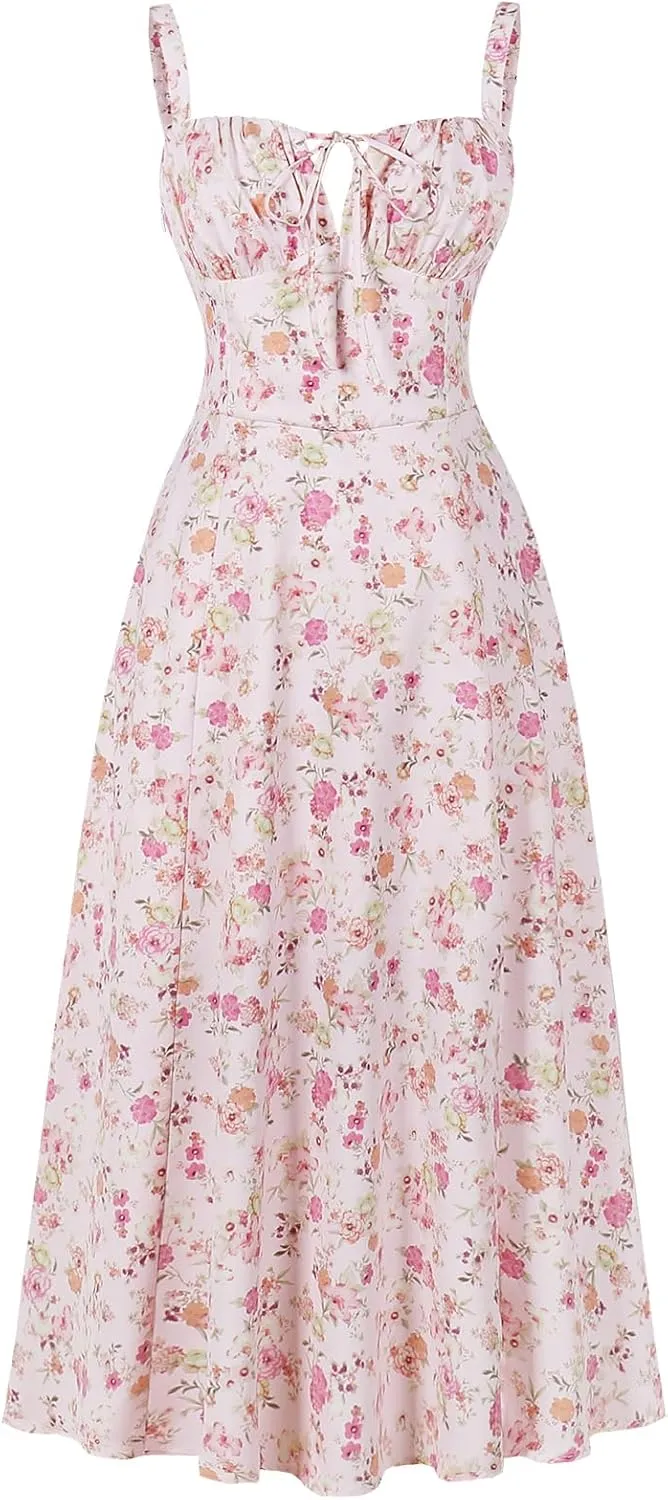 Women Floral Corset Dress, Boho Summer Spaghetti Straps Square Neck Casual Midi Dress Flowy Slit Bustier Dresses