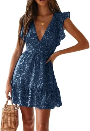 Women Floral Mini Dress Sexy V Neck Ruffle Flutter Sleeve Polka Dot Summer Dresses