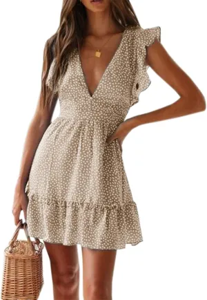 Women Floral Mini Dress Sexy V Neck Ruffle Flutter Sleeve Polka Dot Summer Dresses