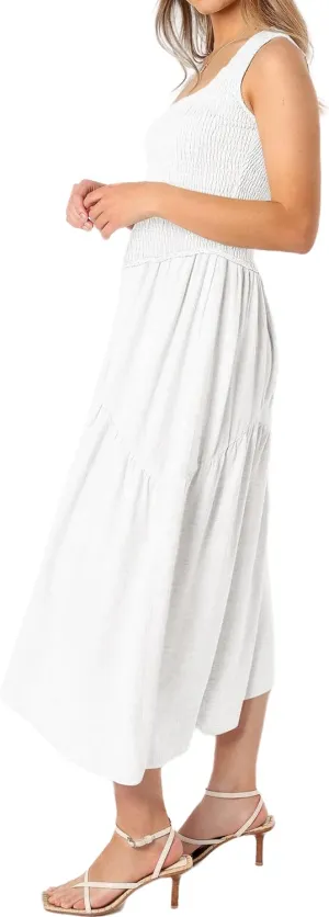 Women Folk Shirred Plain Square Neck Sleeveless Backless Smocked Layered Casual Pleated A-Line Swing Midi Tank Top Dress