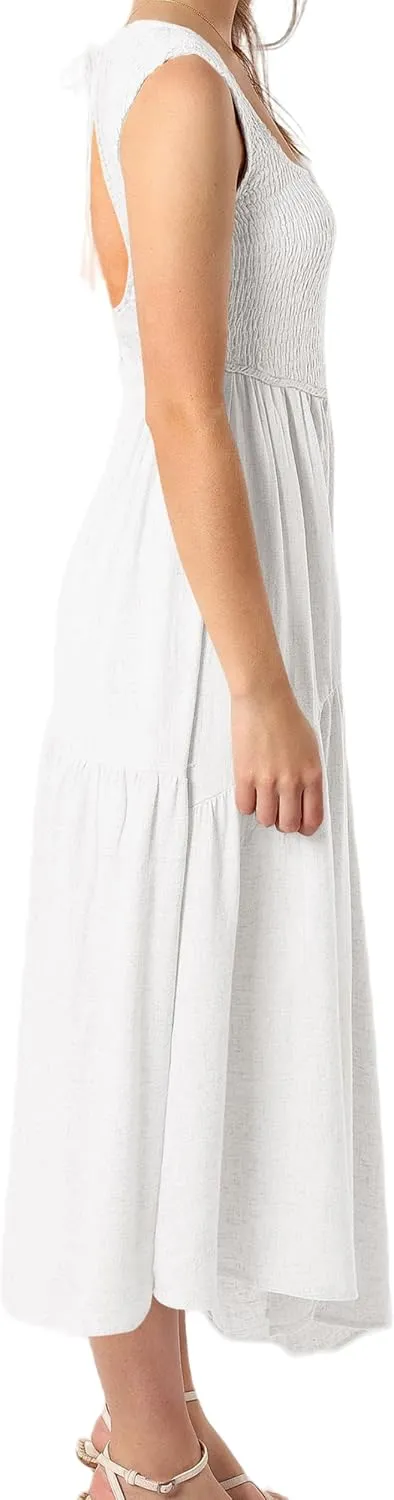 Women Folk Shirred Plain Square Neck Sleeveless Backless Smocked Layered Casual Pleated A-Line Swing Midi Tank Top Dress