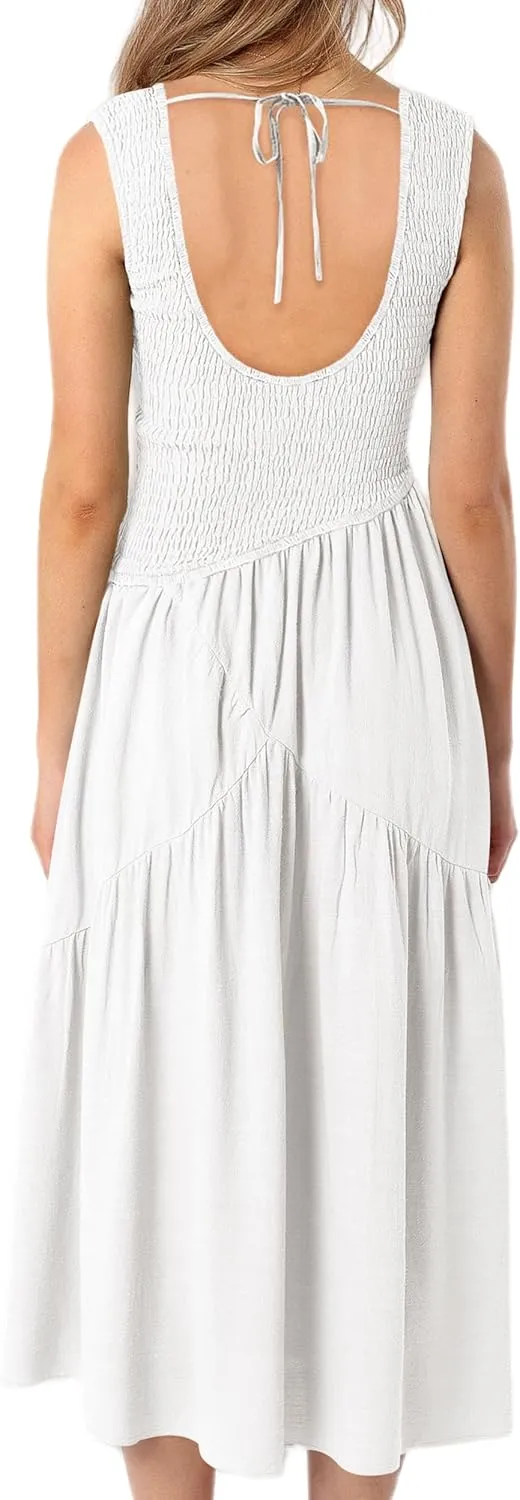Women Folk Shirred Plain Square Neck Sleeveless Backless Smocked Layered Casual Pleated A-Line Swing Midi Tank Top Dress