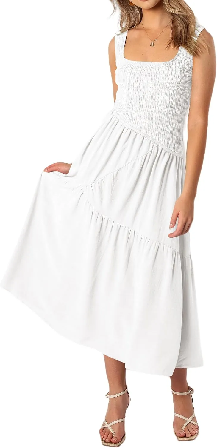 Women Folk Shirred Plain Square Neck Sleeveless Backless Smocked Layered Casual Pleated A-Line Swing Midi Tank Top Dress