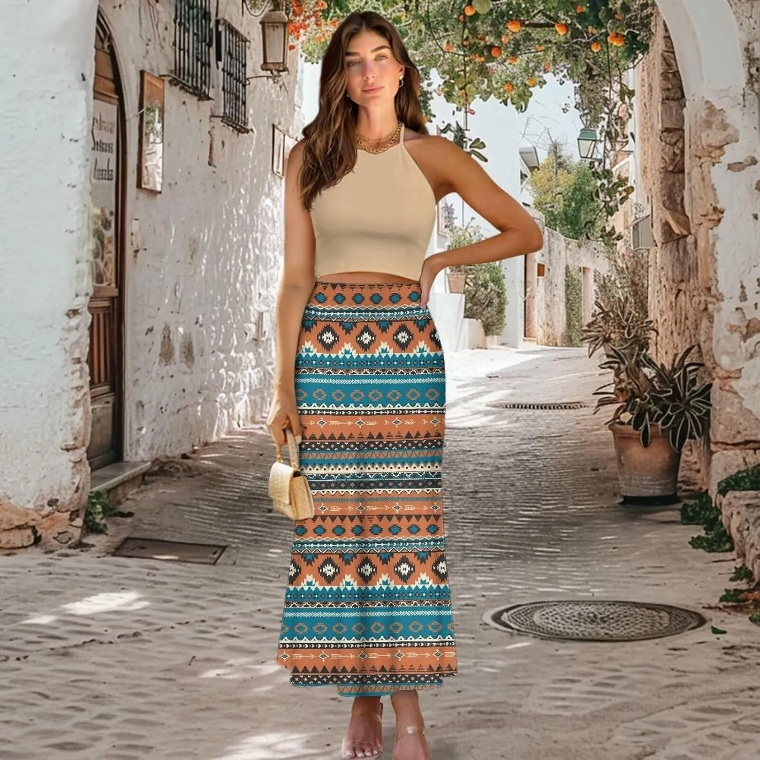 Women High Waist Elastic Long Skirts A-Line Flared Maxi Skirts Bodycon Midi Skirt Fall Skirt Pencil Skirt for Lady