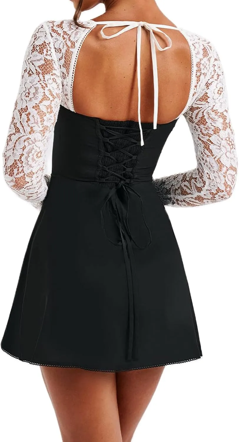 Women Lace Long Sleeve Mini Dress Y2K Floral Lace Patchwork Tie Up Low-Cut Backless Party Short Cami Dress