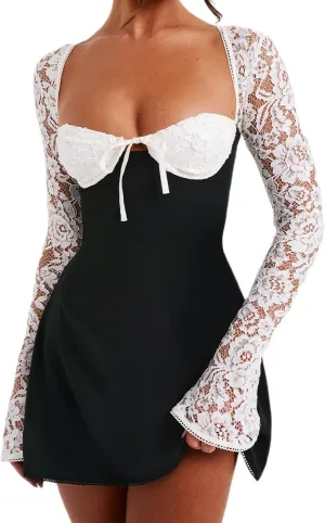 Women Lace Long Sleeve Mini Dress Y2K Floral Lace Patchwork Tie Up Low-Cut Backless Party Short Cami Dress