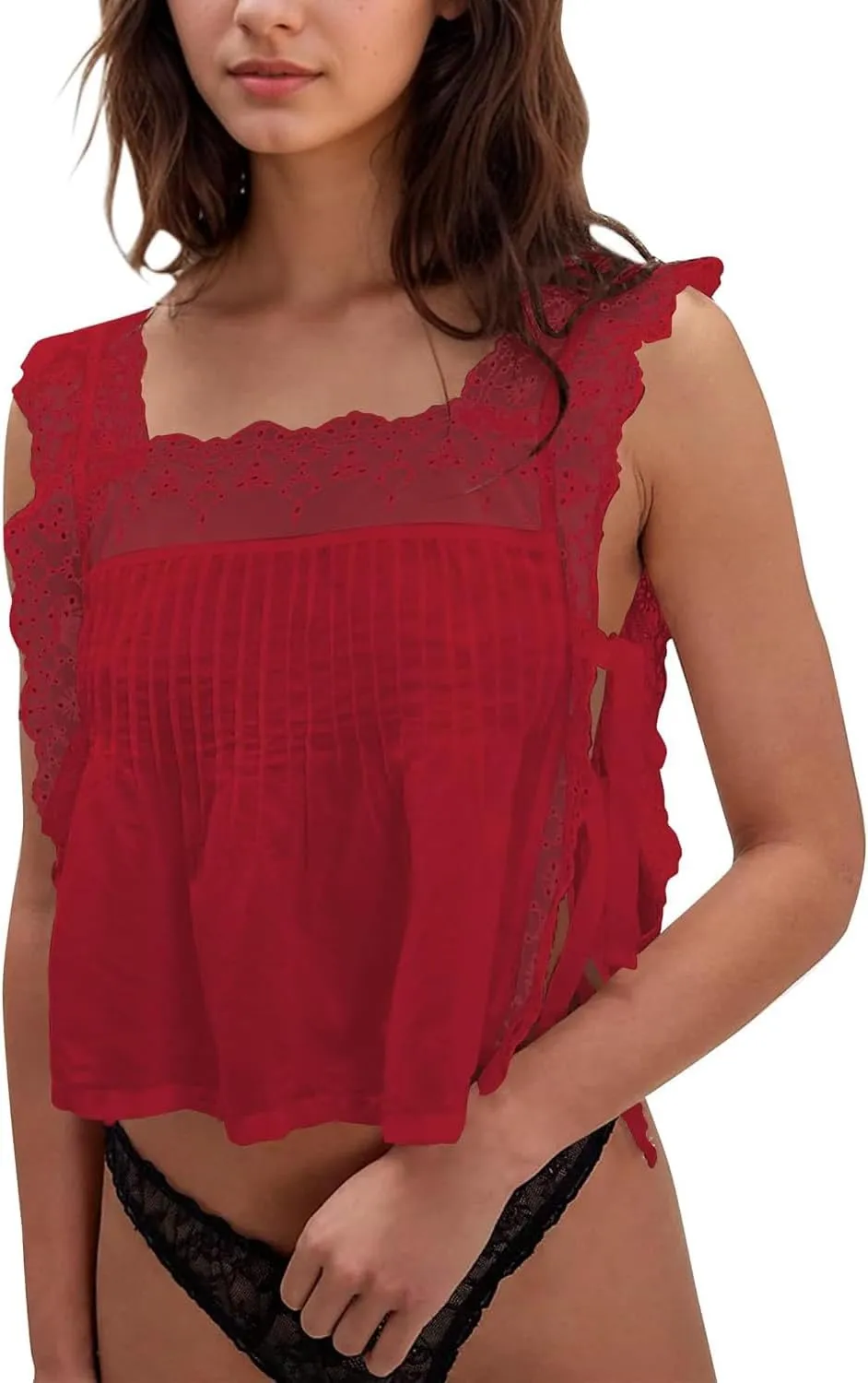 Women Lace Trim Tie Side Vest Tops Y2K Cute Sleeveless Square Neck Floral Embroidered Crop Tank Tops