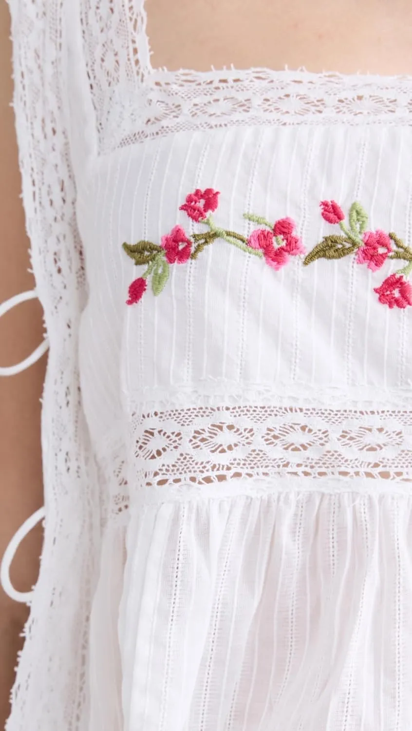 Women Lace Trim Tie Side Vest Tops Y2K Cute Sleeveless Square Neck Floral Embroidered Crop Tank Tops