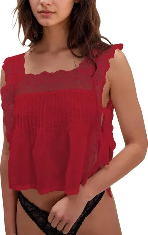 Women Lace Trim Tie Side Vest Tops Y2K Cute Sleeveless Square Neck Floral Embroidered Crop Tank Tops