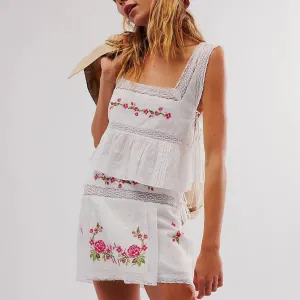 Women Lace Trim Tie Side Vest Tops Y2K Cute Sleeveless Square Neck Floral Embroidered Crop Tank Tops