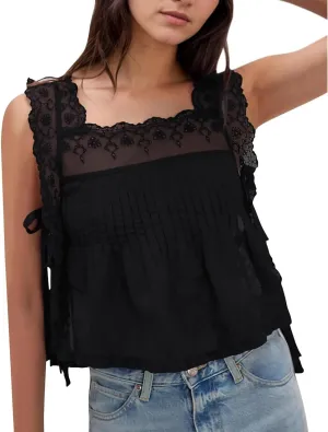 Women Lace Trim Tie Side Vest Tops Y2K Cute Sleeveless Square Neck Floral Embroidered Crop Tank Tops