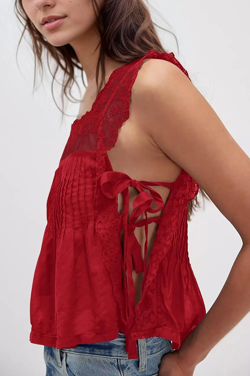 Women Lace Trim Tie Side Vest Tops Y2K Cute Sleeveless Square Neck Floral Embroidered Crop Tank Tops