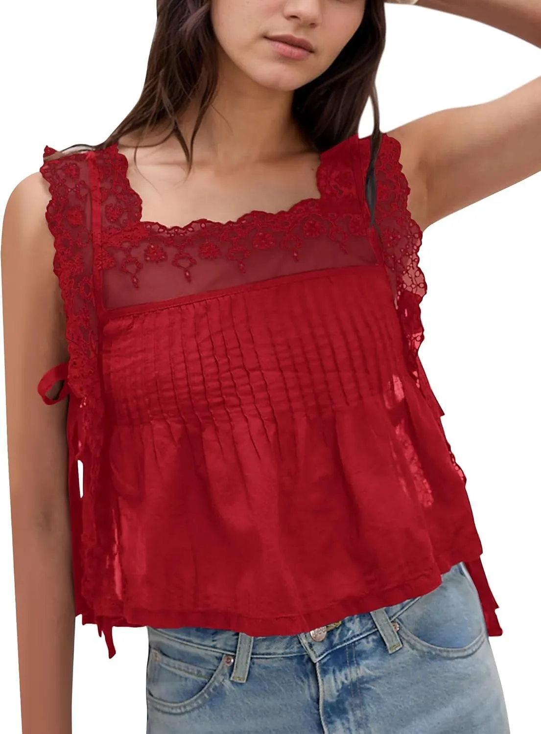 Women Lace Trim Tie Side Vest Tops Y2K Cute Sleeveless Square Neck Floral Embroidered Crop Tank Tops