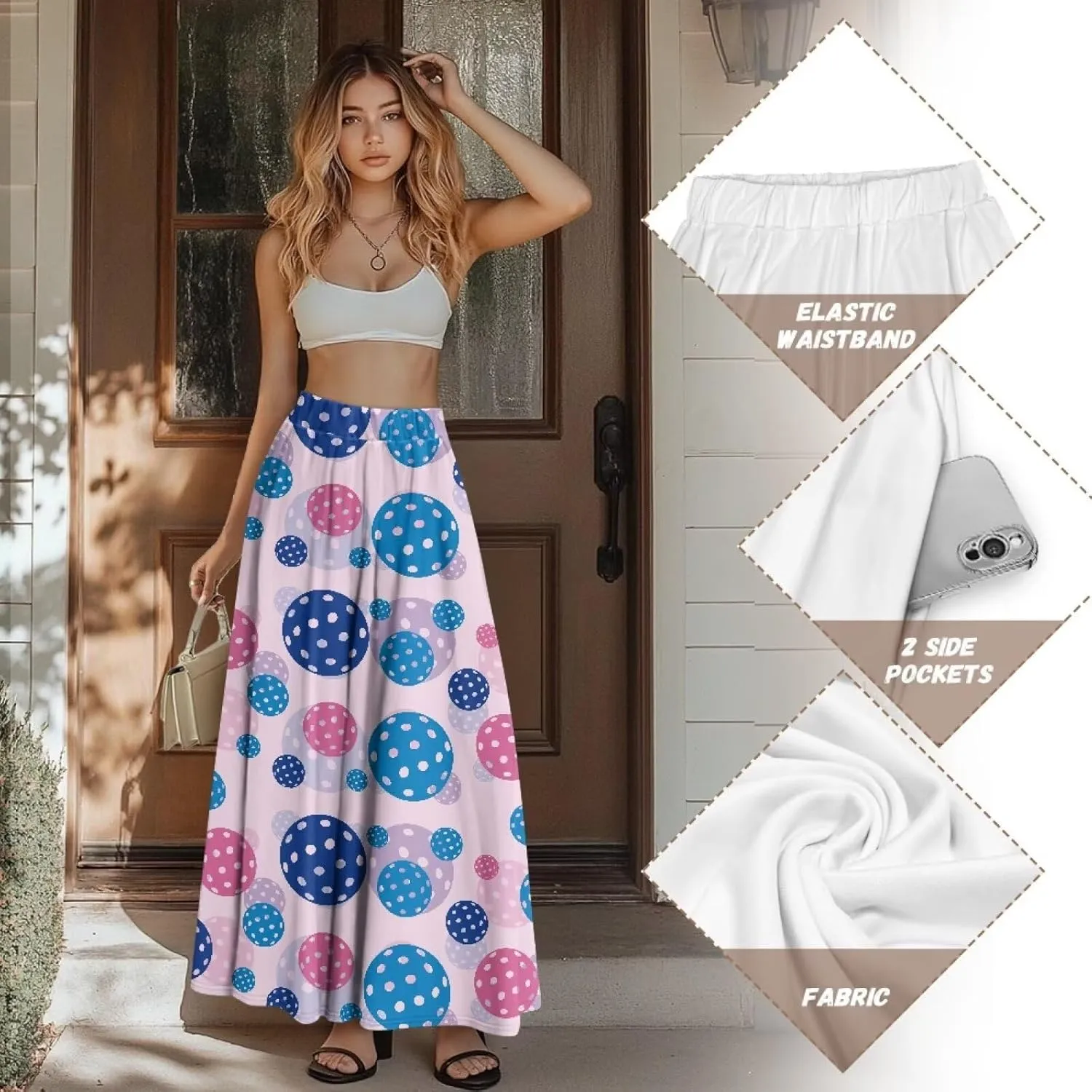 Women Long Skirts with Pockets Bohemian Casual Flowy High Waisted Ankle Length Maxi Skirt for Party Prom