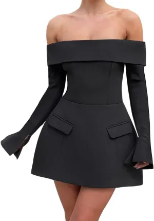 Women Long Sleeve Off Shoulder Dress Sexy A Line Mini Dress Party Club Short Formal Dresses