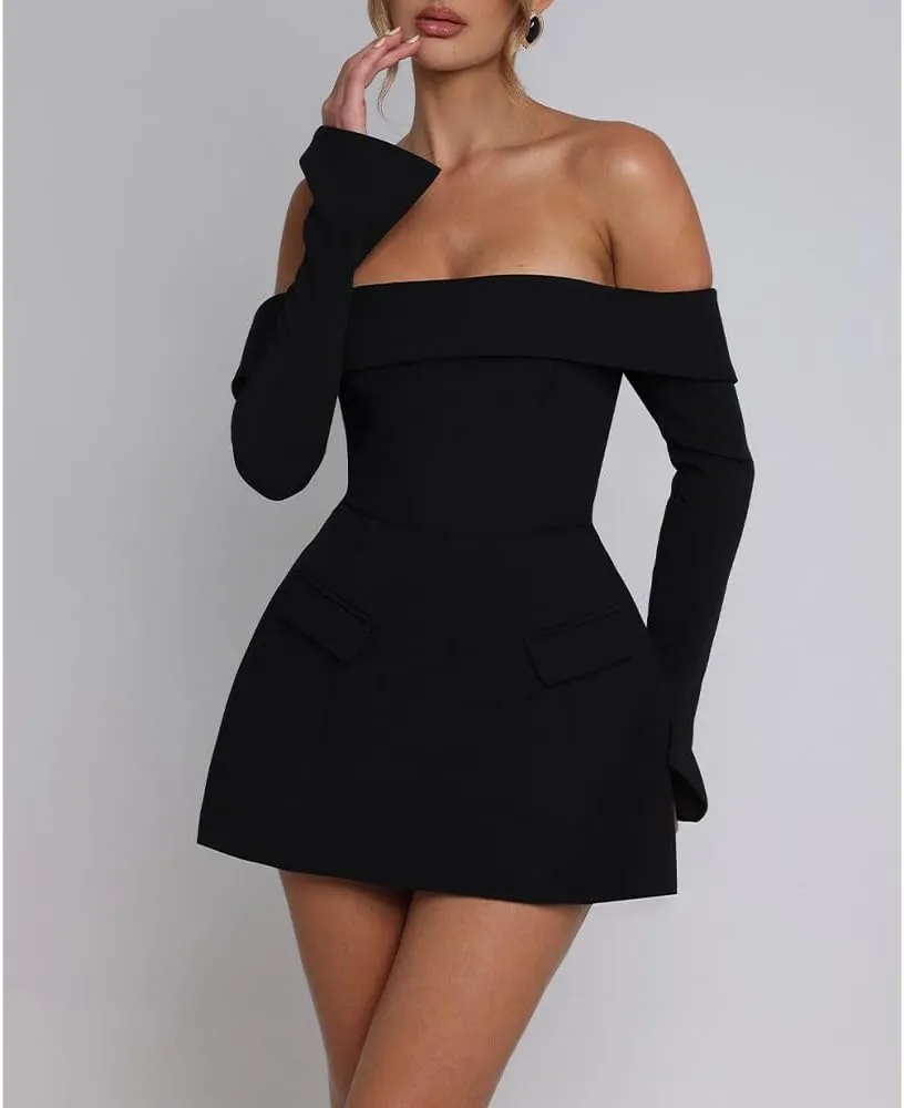 Women Long Sleeve Off Shoulder Dress Sexy A Line Mini Dress Party Club Short Formal Dresses