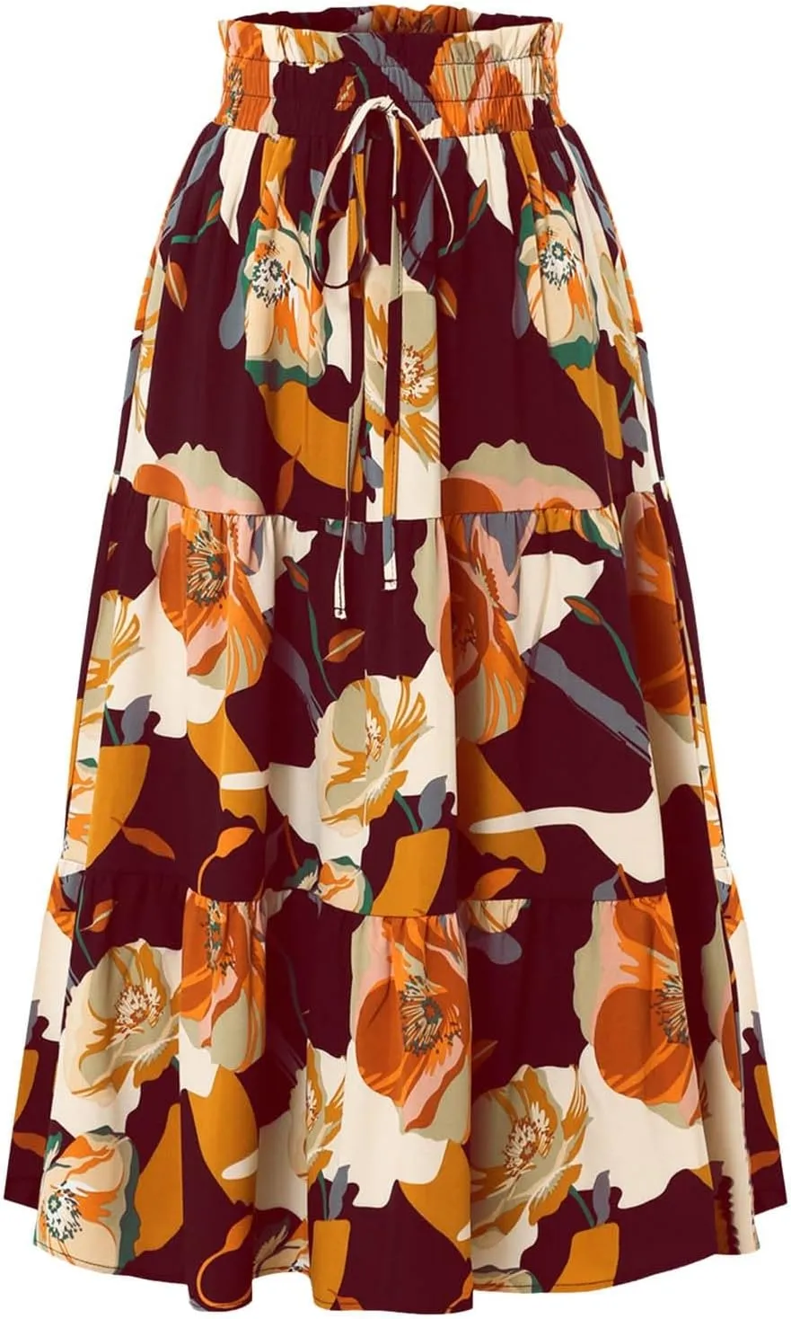 Women Maxi Skirt Floral Tiered Pleated Skirt Flowy Swing High Waisted Go Outing Clothes