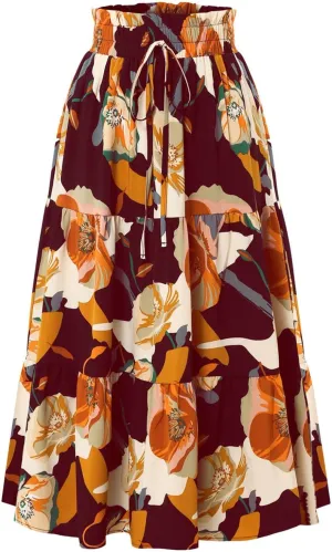 Women Maxi Skirt Floral Tiered Pleated Skirt Flowy Swing High Waisted Go Outing Clothes