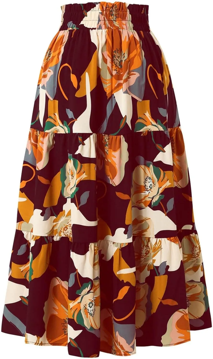 Women Maxi Skirt Floral Tiered Pleated Skirt Flowy Swing High Waisted Go Outing Clothes