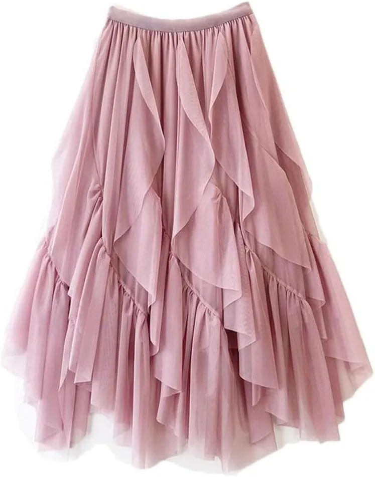 Women Mesh Irregular Midi Skirt Boho Long Tulle High Waist Party Long Maxi Skirts