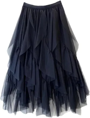 Women Mesh Irregular Midi Skirt Boho Long Tulle High Waist Party Long Maxi Skirts