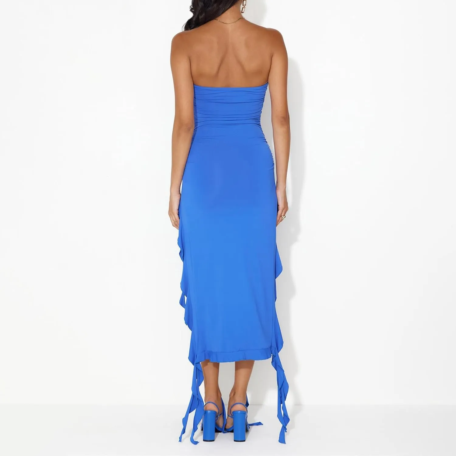 Women Off Shoulder Ruffle Irregular Hem Bodycon Dress Backless 3D Floral Ruched Ribbon Tassel Mini Party Dress