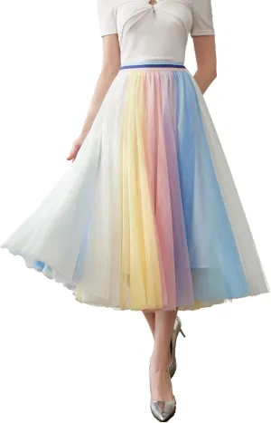 Women Pleated Long Tulle Skirt High Elastic Waist Swing Casual Midi Skirt
