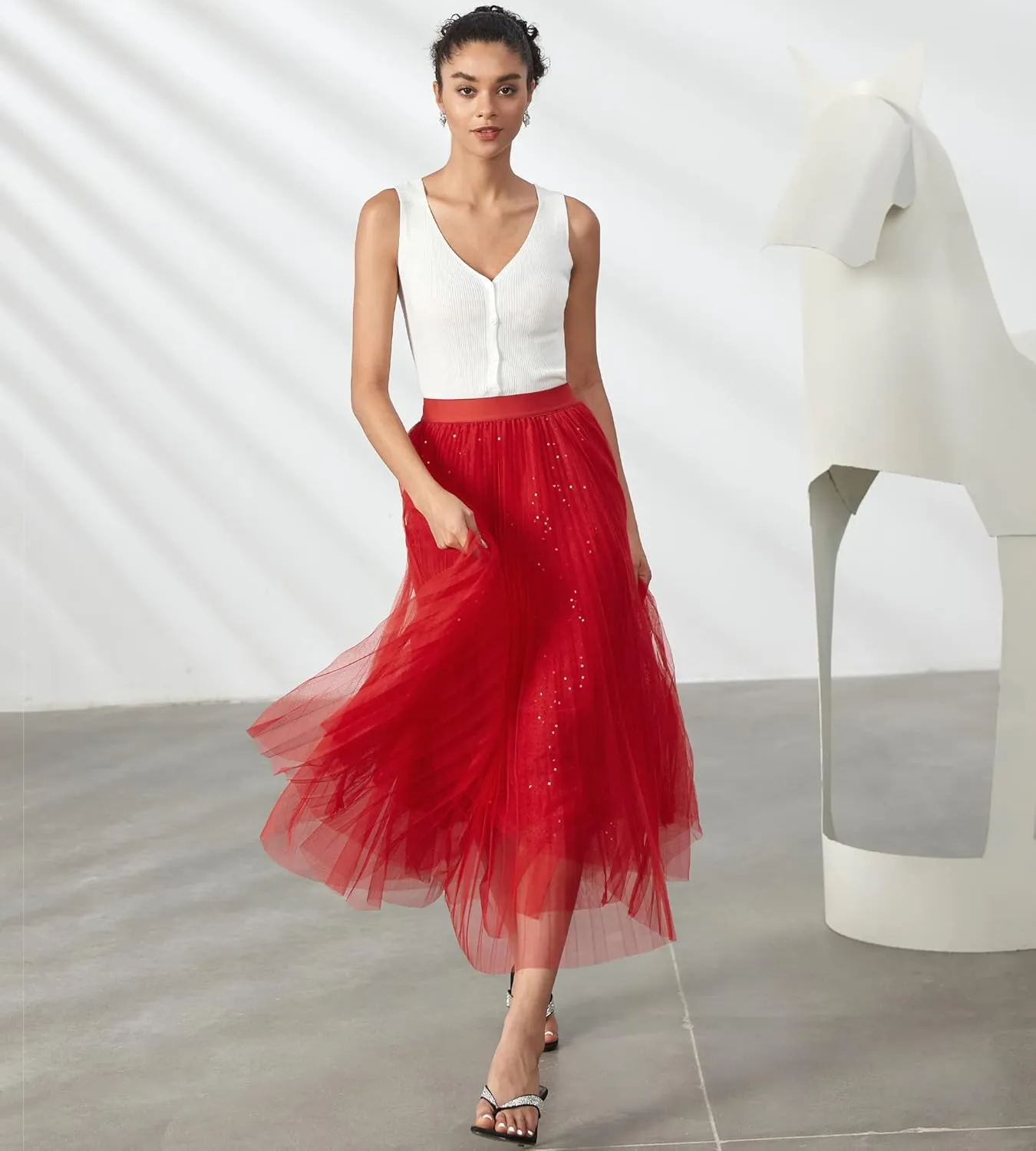 Women Pleated Long Tulle Skirt High Elastic Waist Swing Casual Midi Skirt