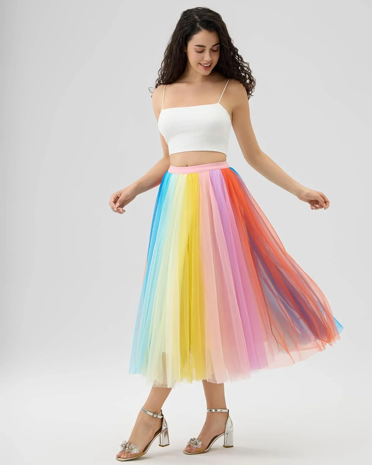 Women Pleated Long Tulle Skirt High Elastic Waist Swing Casual Midi Skirt