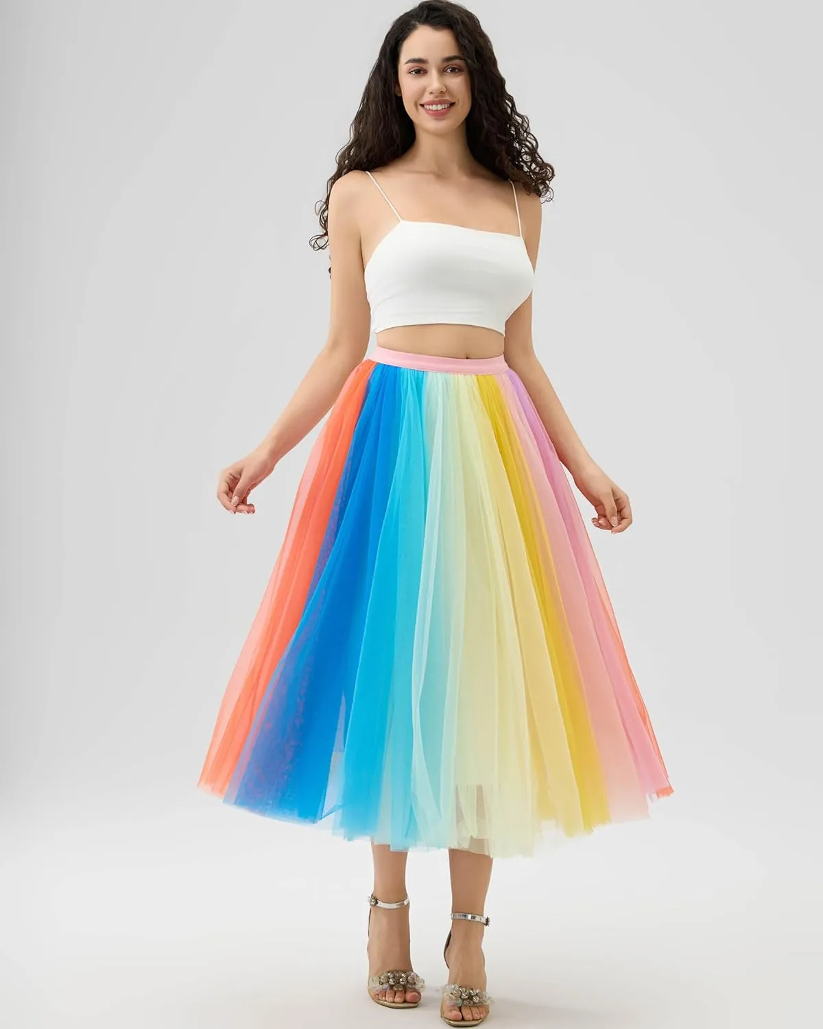 Women Pleated Long Tulle Skirt High Elastic Waist Swing Casual Midi Skirt