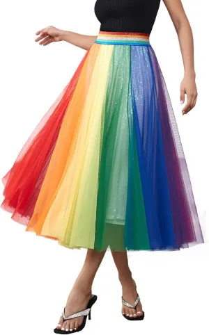 Women Pleated Long Tulle Skirt High Elastic Waist Swing Casual Midi Skirt