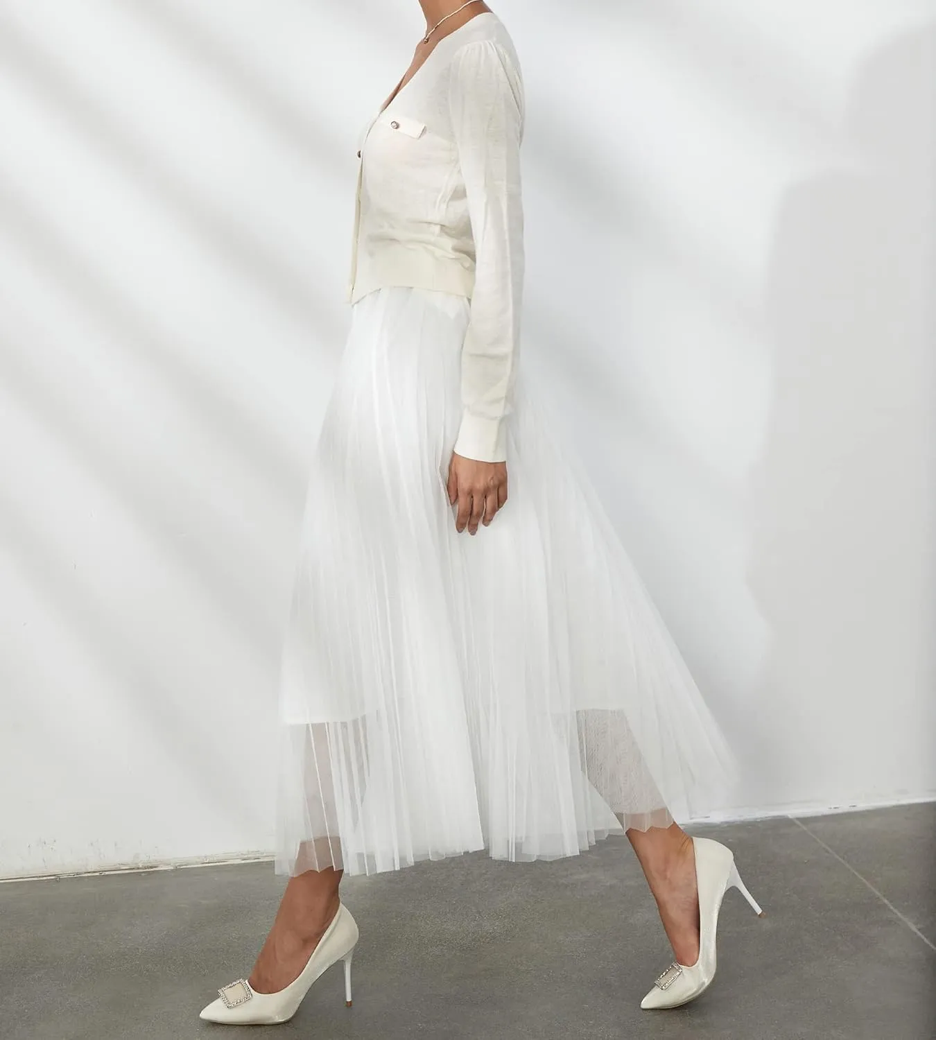 Women Pleated Long Tulle Skirt High Elastic Waist Swing Casual Midi Skirt