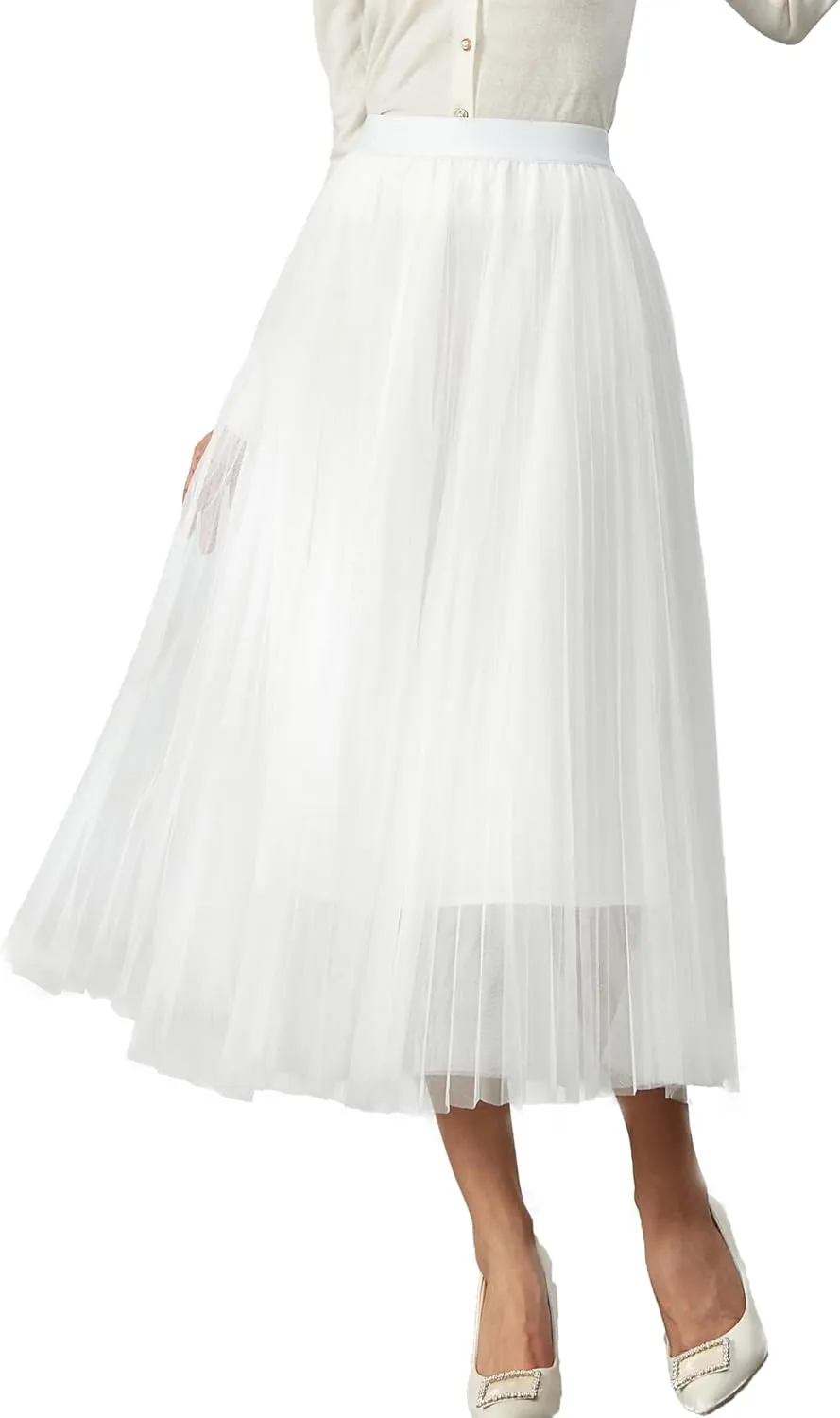 Women Pleated Long Tulle Skirt High Elastic Waist Swing Casual Midi Skirt