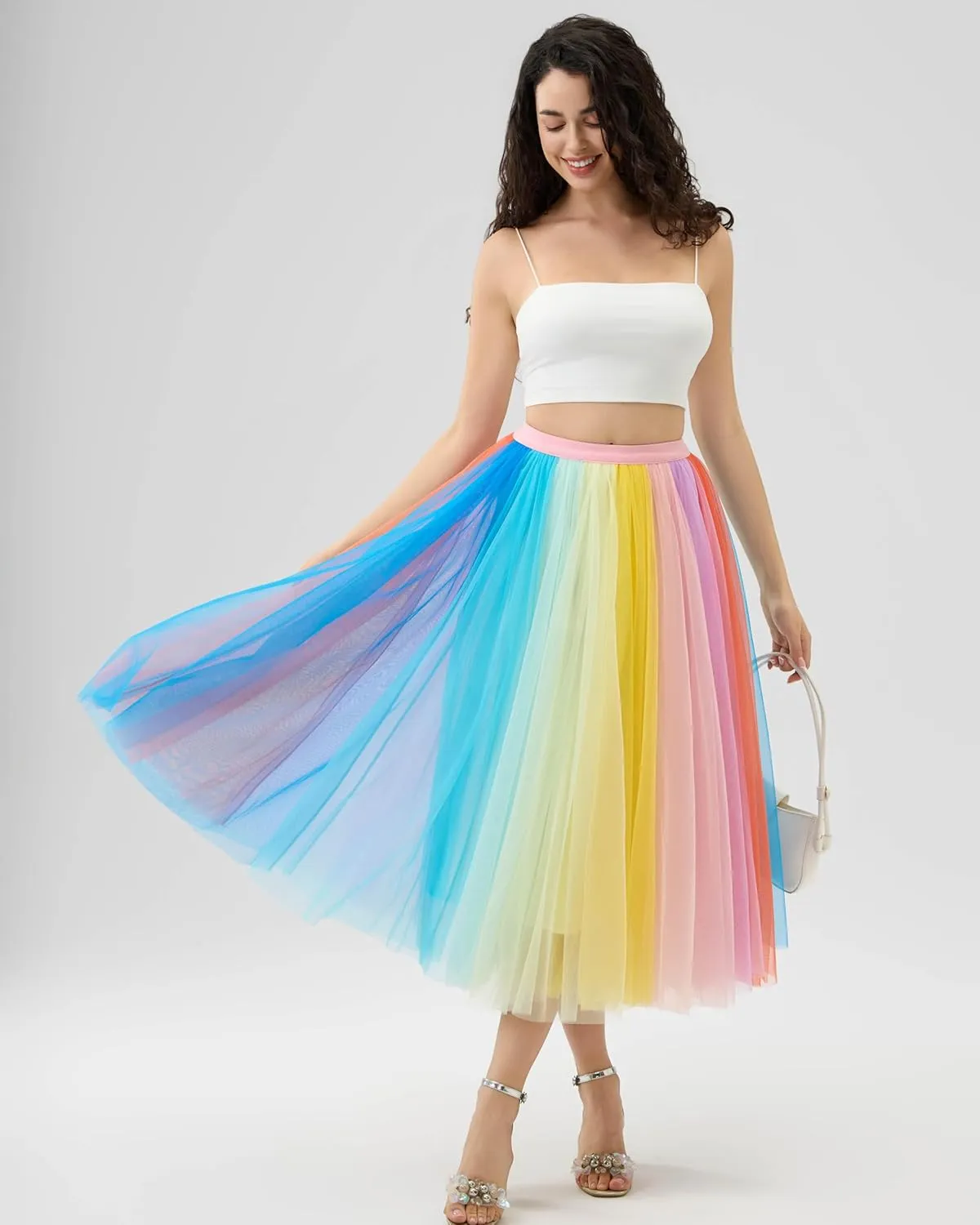 Women Pleated Long Tulle Skirt High Elastic Waist Swing Casual Midi Skirt
